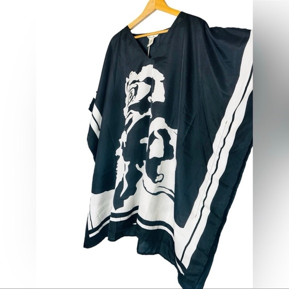 Floral Black & White Short Kaftan Tunic Kimono Cover Up Shirt Dress - Picture 4 of 12